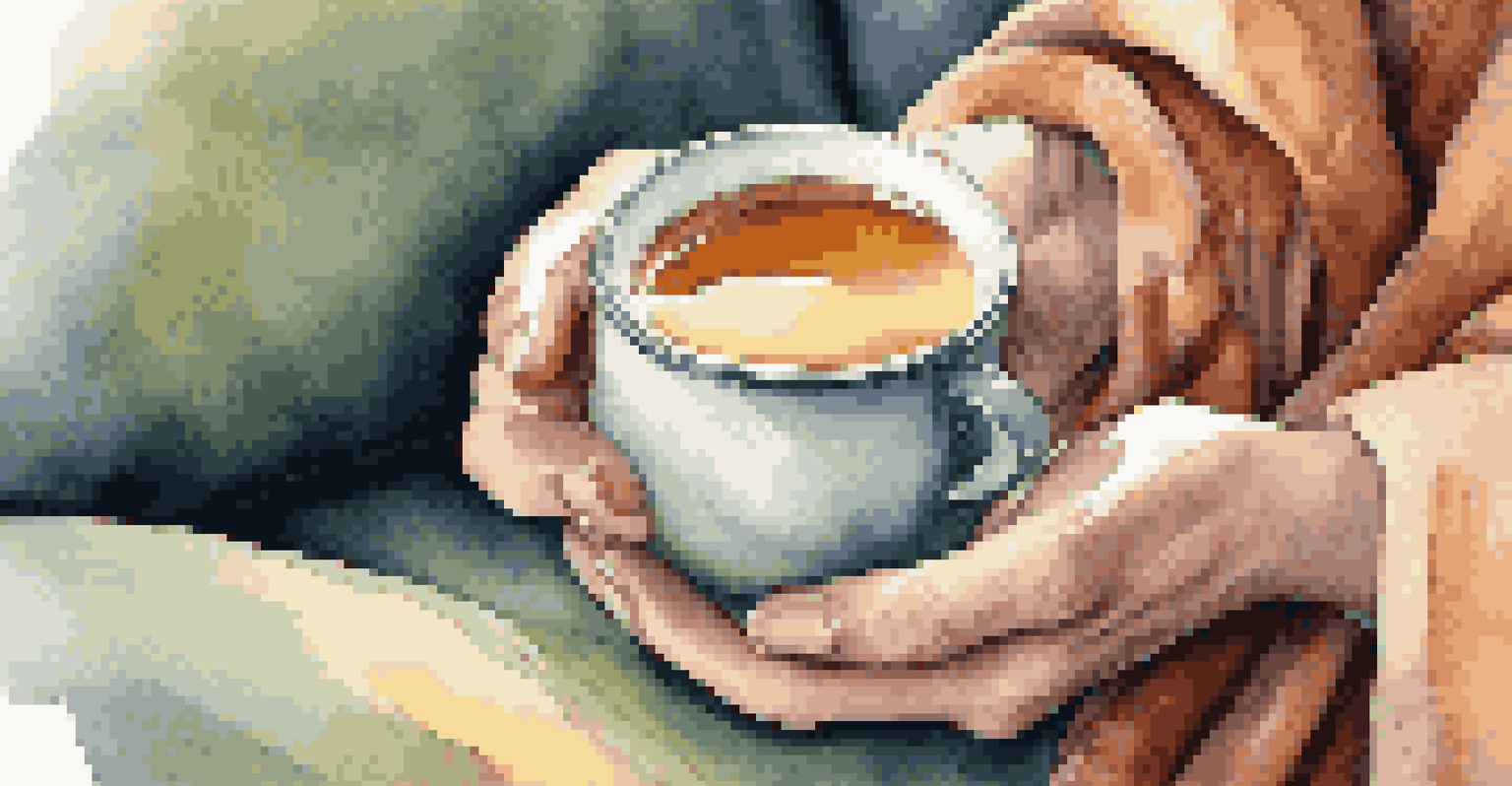 Close-up of hands holding a cup of herbal tea with a cozy blanket in the background, symbolizing comfort and self-care.