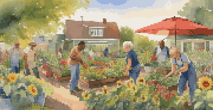 A diverse group of people working together in a community garden, surrounded by colorful plants and flowers during sunset.