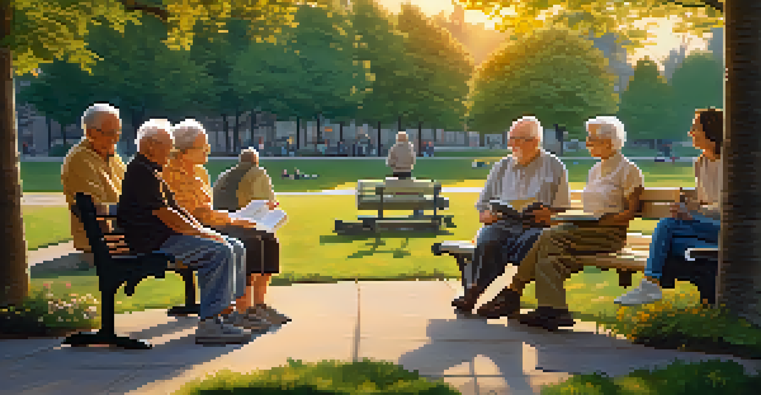 A group of seniors in a park sharing stories in a storytelling circle during sunset.