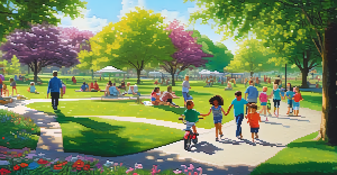 A community park with diverse people enjoying outdoor activities such as playing, jogging, and picnicking under sunny skies.