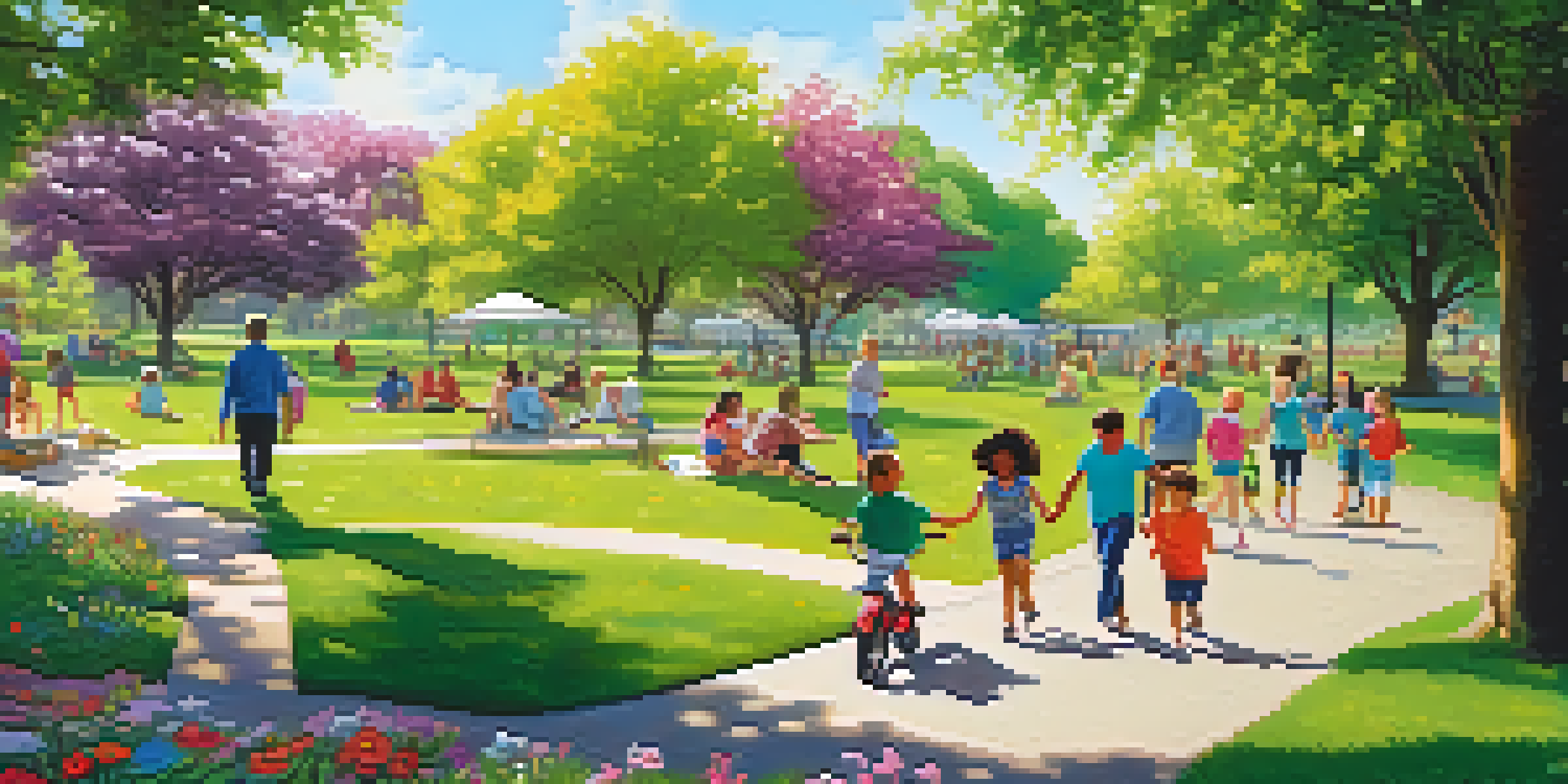 A community park with diverse people enjoying outdoor activities such as playing, jogging, and picnicking under sunny skies.