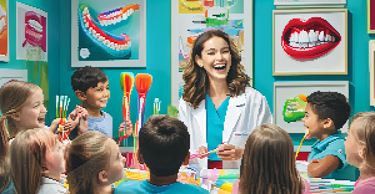 A dental hygienist teaching children how to brush their teeth correctly, using a large tooth model and colorful toothbrushes in a bright classroom.