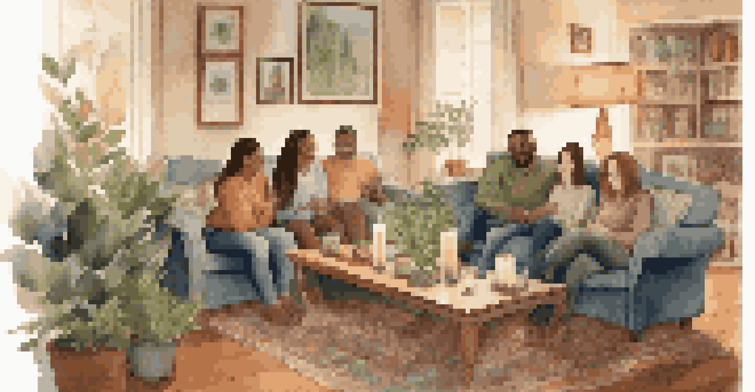 A group of friends sitting on a sofa in a warmly lit living room, engaged in conversation.