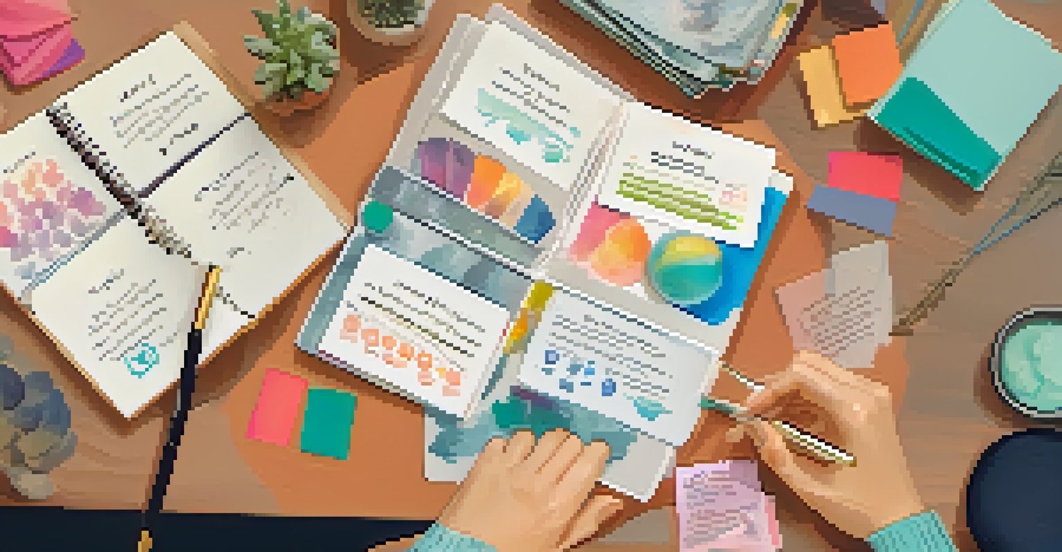 A close-up of hands arranging a resilience toolkit with cards, stress balls, and a journal on a cozy desk.