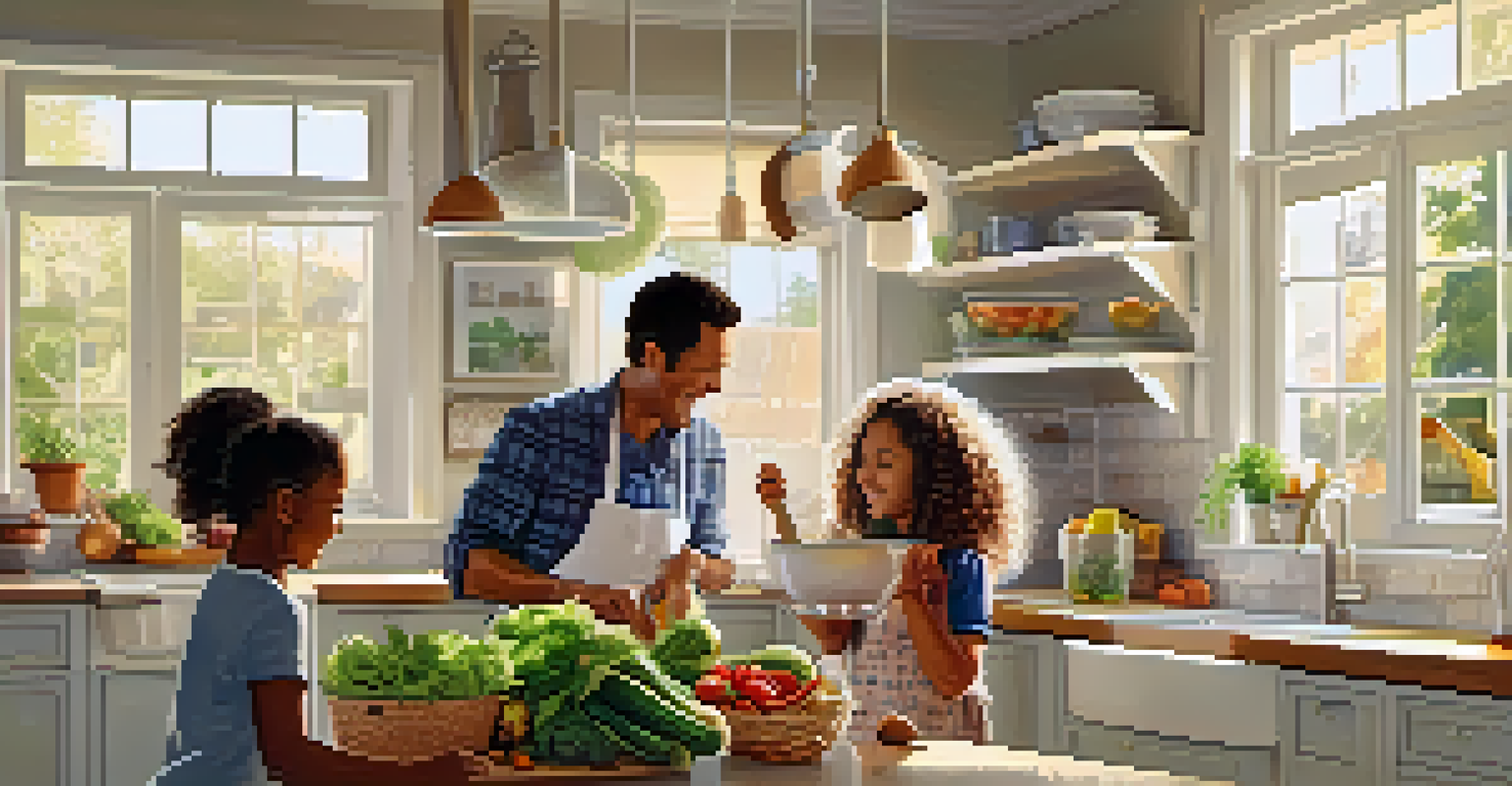A happy family cooking together in a bright kitchen, with children washing vegetables and mixing ingredients amidst fresh produce.
