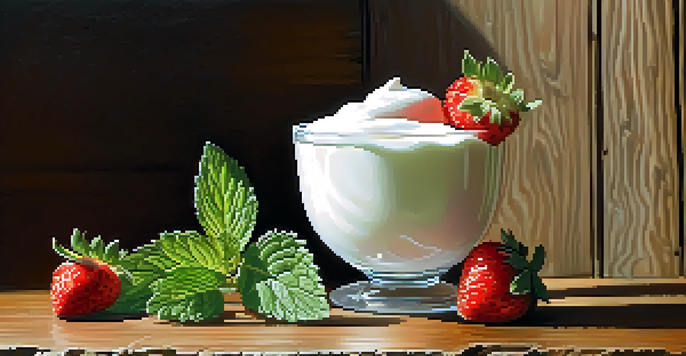 A still life image showcasing a ripe strawberry, fresh mint, and yogurt on a wooden table, illuminated by soft sunlight.