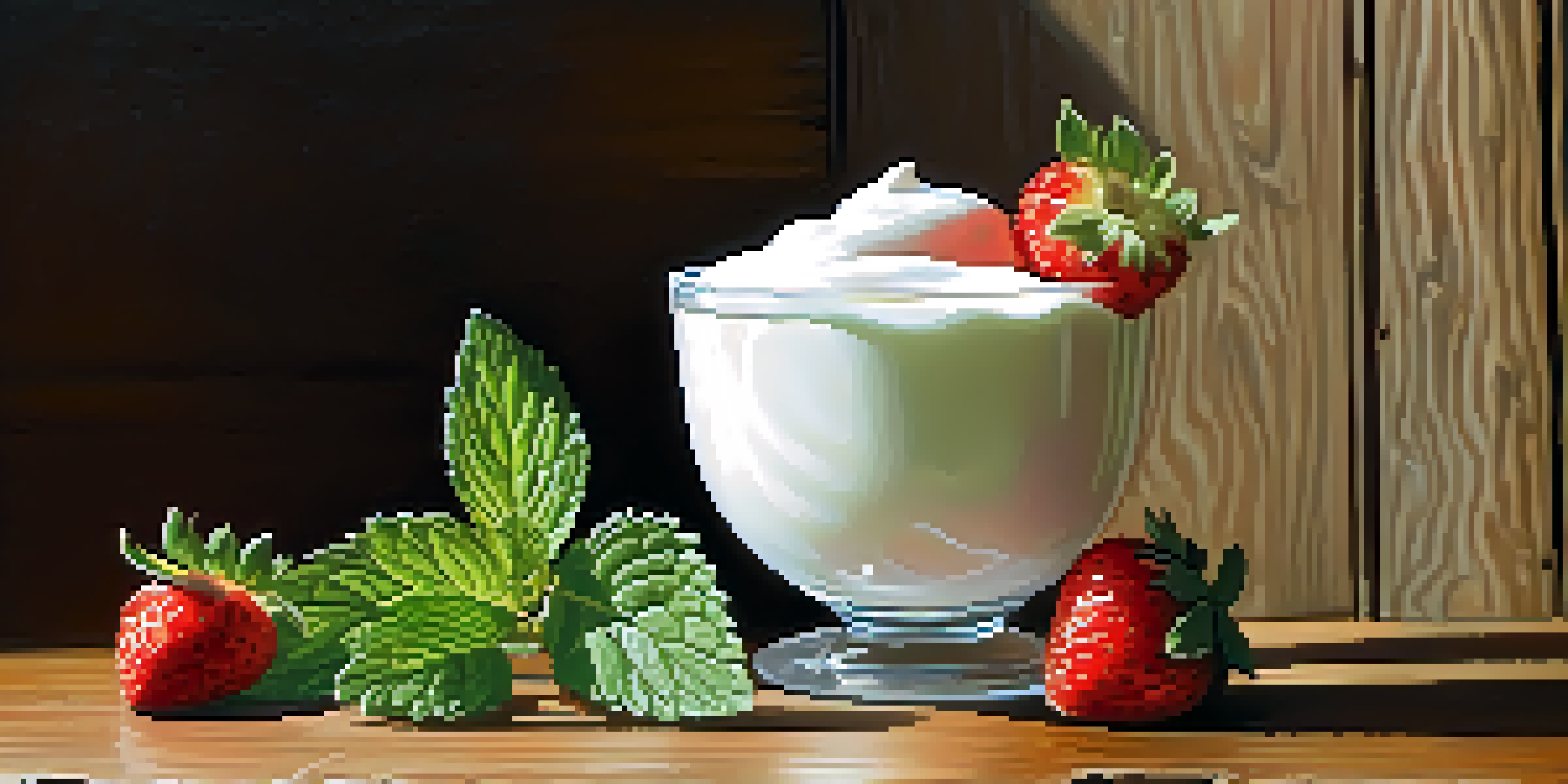 A still life image showcasing a ripe strawberry, fresh mint, and yogurt on a wooden table, illuminated by soft sunlight.