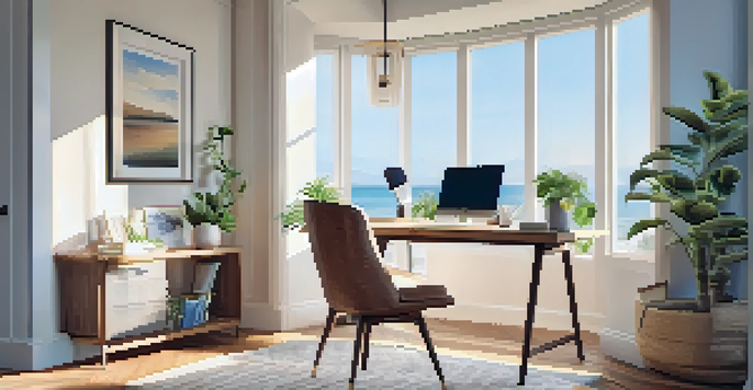 A cozy home office with a wooden desk, laptop, plant, and inspirational artwork under warm sunlight.