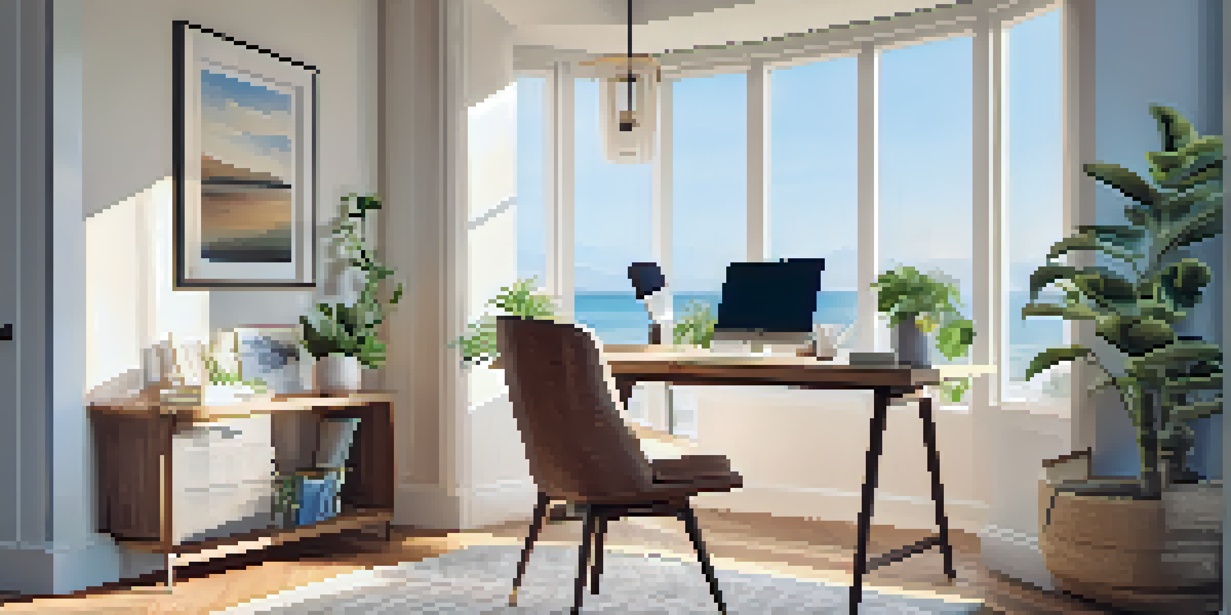 A cozy home office with a wooden desk, laptop, plant, and inspirational artwork under warm sunlight.
