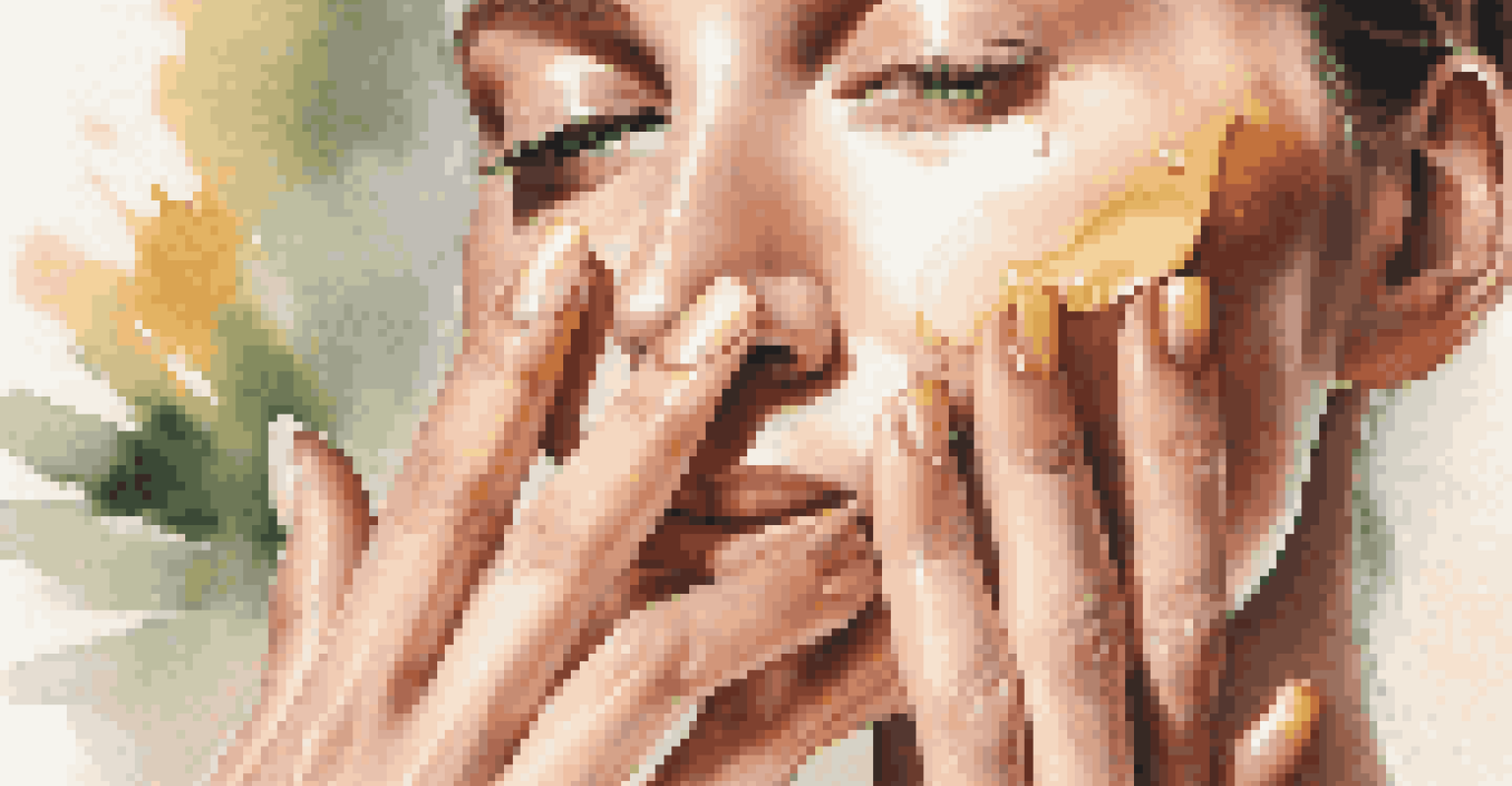 A close-up of a woman applying Vitamin E oil to her face, highlighting her glowing skin and the texture of the oil.