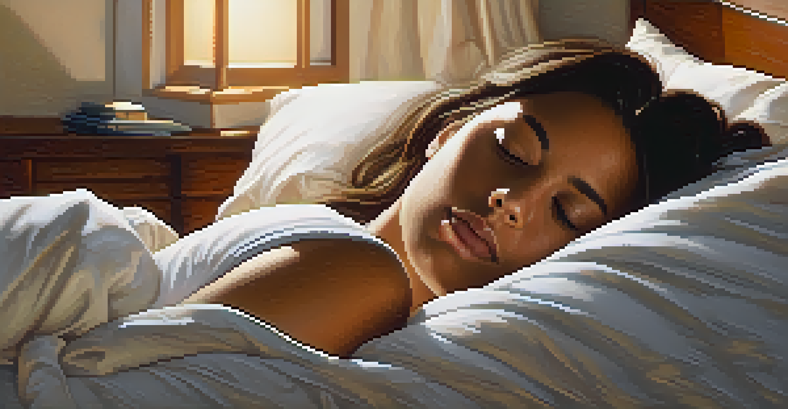 A peaceful bedroom scene with a person in bed, eyes closed, surrounded by a soothing aura, representing deep relaxation and improved sleep.