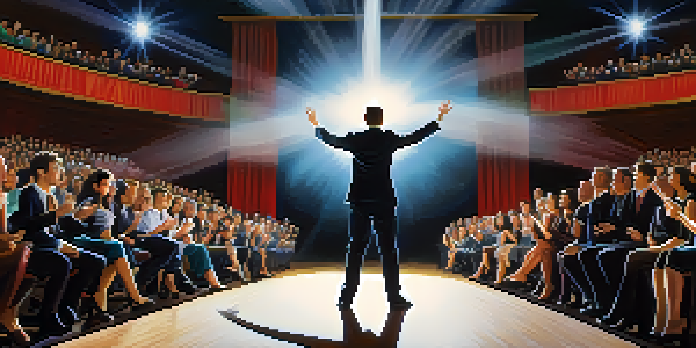 A confident individual giving a presentation on stage with a blurred audience in the background.