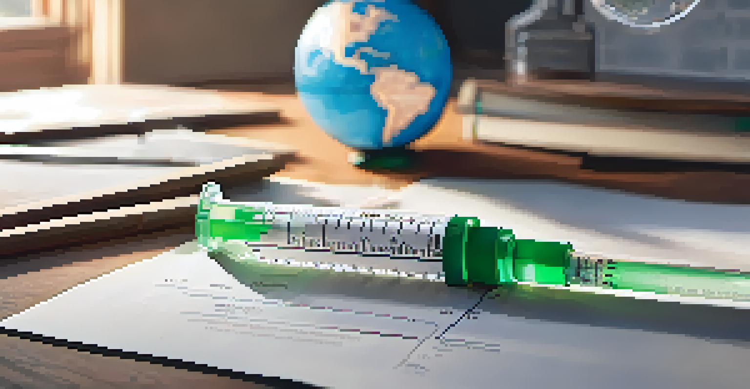 A close-up of a vaccination syringe on a table next to a globe and environmental charts, highlighting global health.