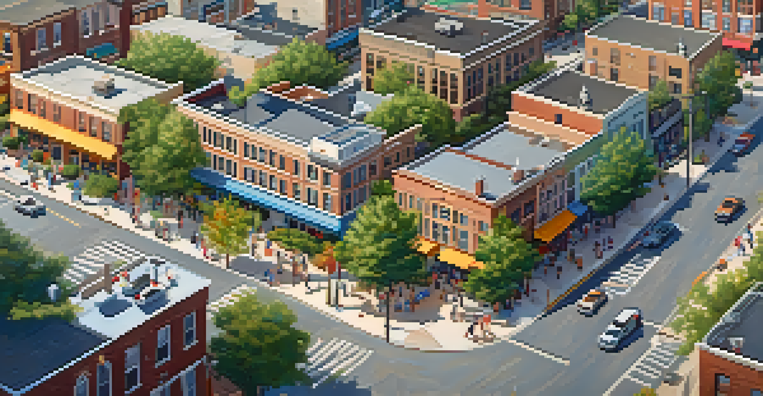 Aerial view of a lively urban neighborhood with grocery stores, parks, and healthcare facilities, emphasizing community health and accessibility.