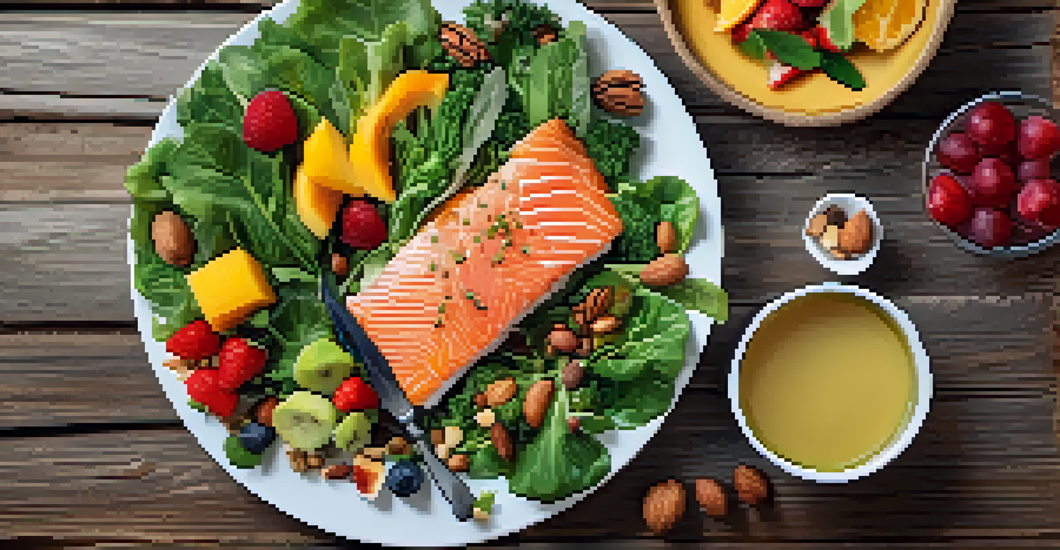 A healthy meal spread including leafy greens, fatty fish, nuts, and colorful fruits on a wooden table, emphasizing nutrition for oral and brain health.