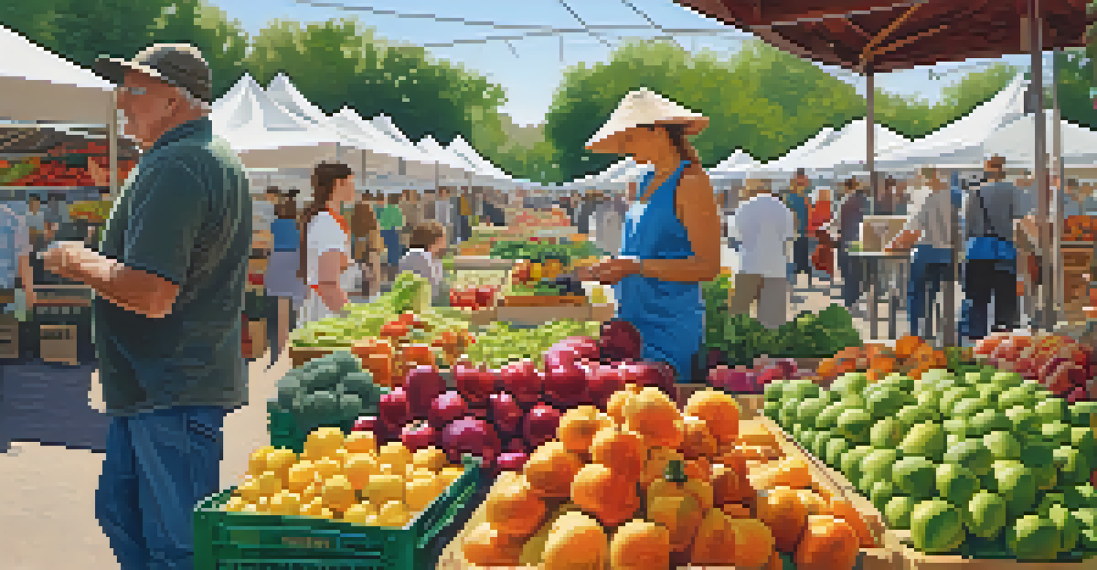 A lively farmer's market with various organic fruits and vegetables, people shopping, and local farmers interacting.