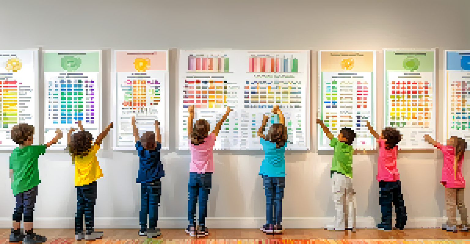 Children interacting with a colorful emotion chart on a wall, identifying different feelings in a softly lit room, representing a safe space for emotional expression.