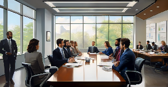 A diverse group of employees in a bright conference room, engaged in a serious discussion about crisis management.