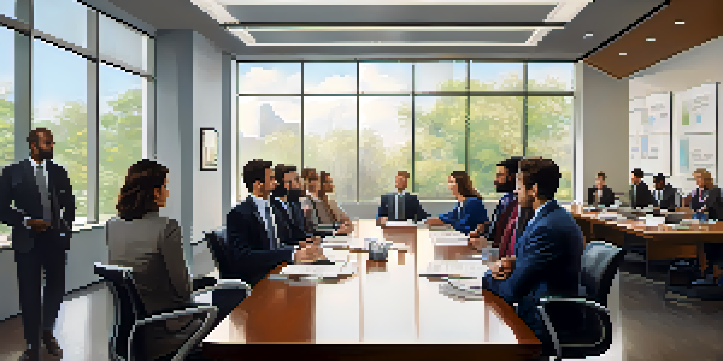 A diverse group of employees in a bright conference room, engaged in a serious discussion about crisis management.
