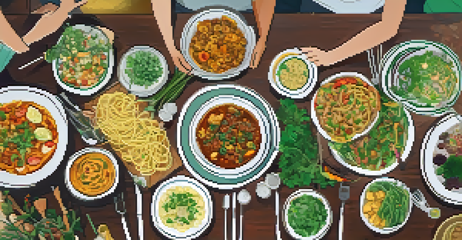 An overhead view of a communal dining table filled with colorful dishes, surrounded by participants enjoying a meal together in a warm, inviting atmosphere.