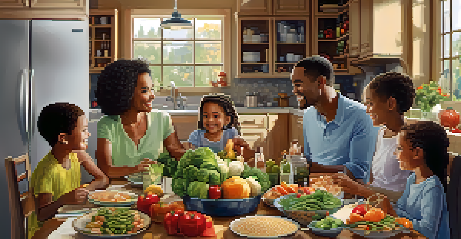 A family enjoying a meal together at a dinner table filled with healthy foods in a warm and inviting kitchen.