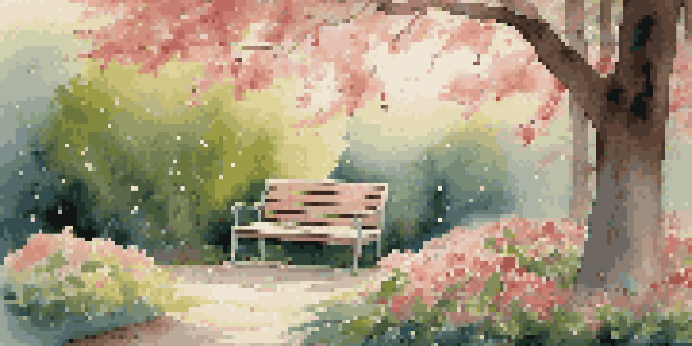 A beautiful garden at dawn featuring vibrant flowers, a wooden bench, and a cherry tree with sunlight filtering through the leaves.
