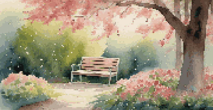 A beautiful garden at dawn featuring vibrant flowers, a wooden bench, and a cherry tree with sunlight filtering through the leaves.