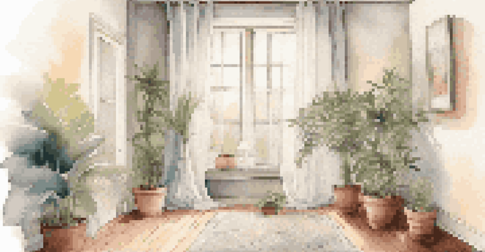 A tranquil meditation room with soft light, cushions, and plants, creating a calming environment.