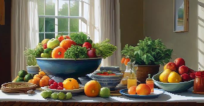 A beautifully arranged dining table with fresh fruits and vegetables, surrounded by natural decor and warm lighting.