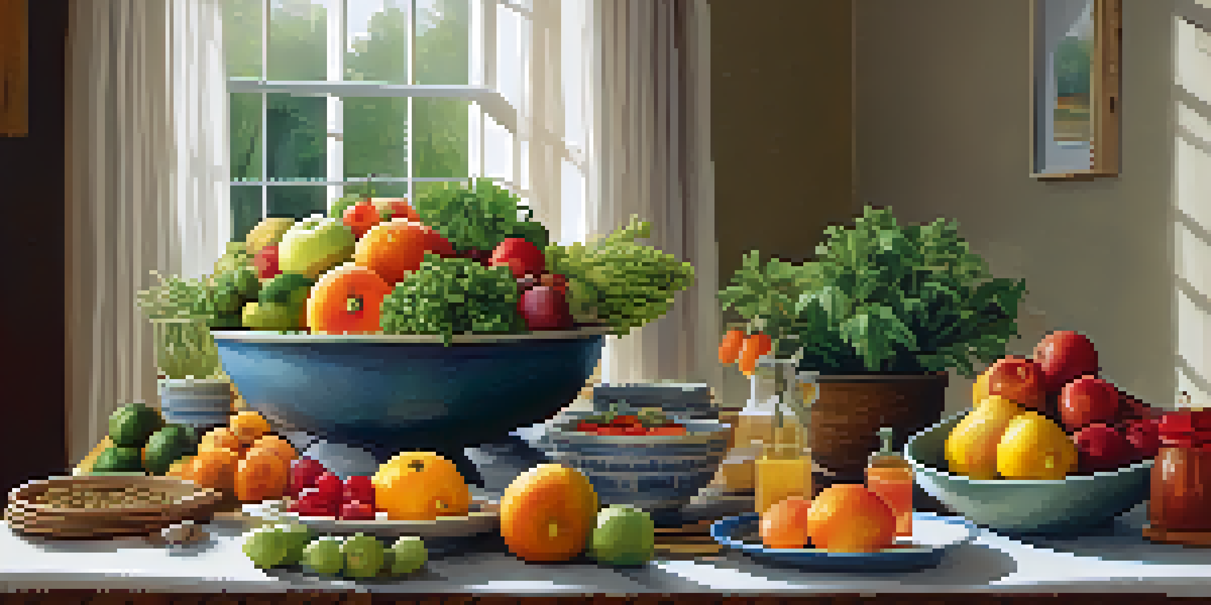 A beautifully arranged dining table with fresh fruits and vegetables, surrounded by natural decor and warm lighting.