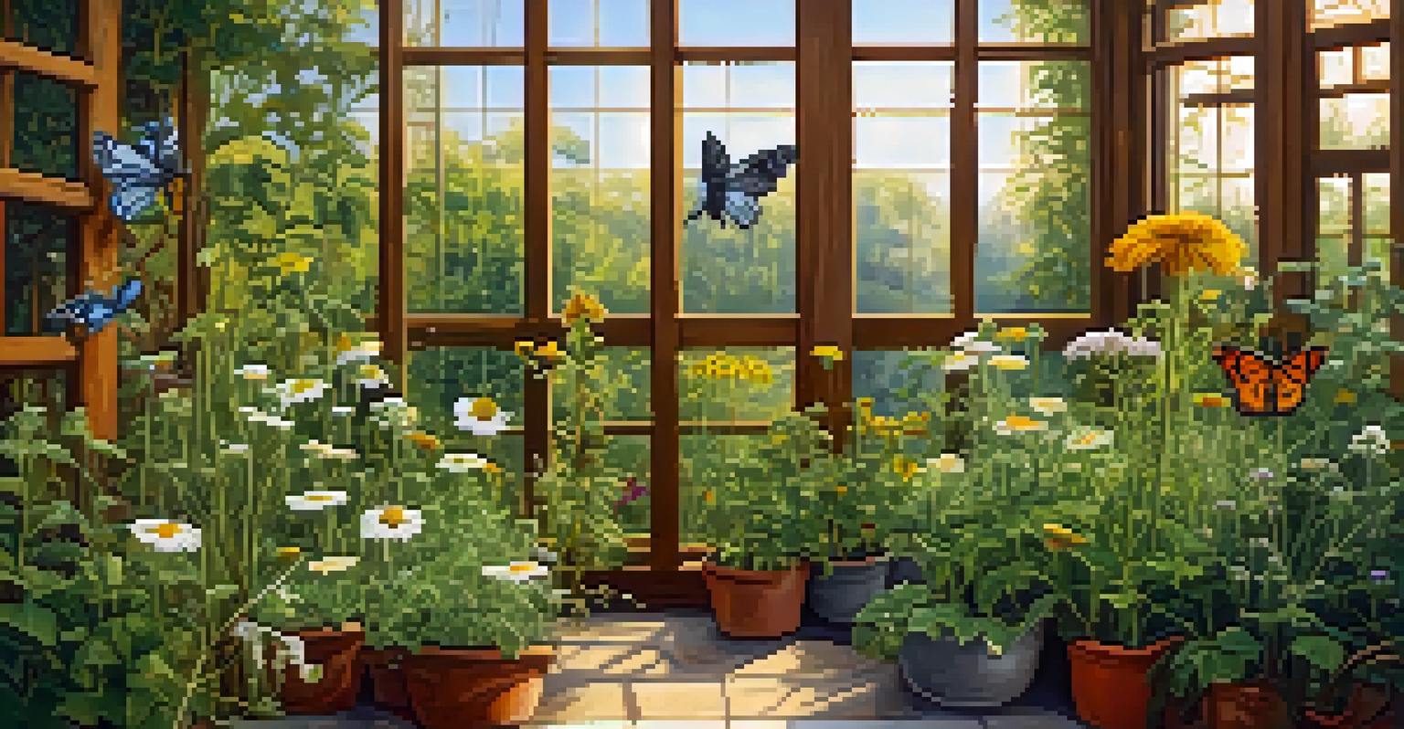 A vibrant herbal garden featuring various plants with labels, bathed in warm sunlight.