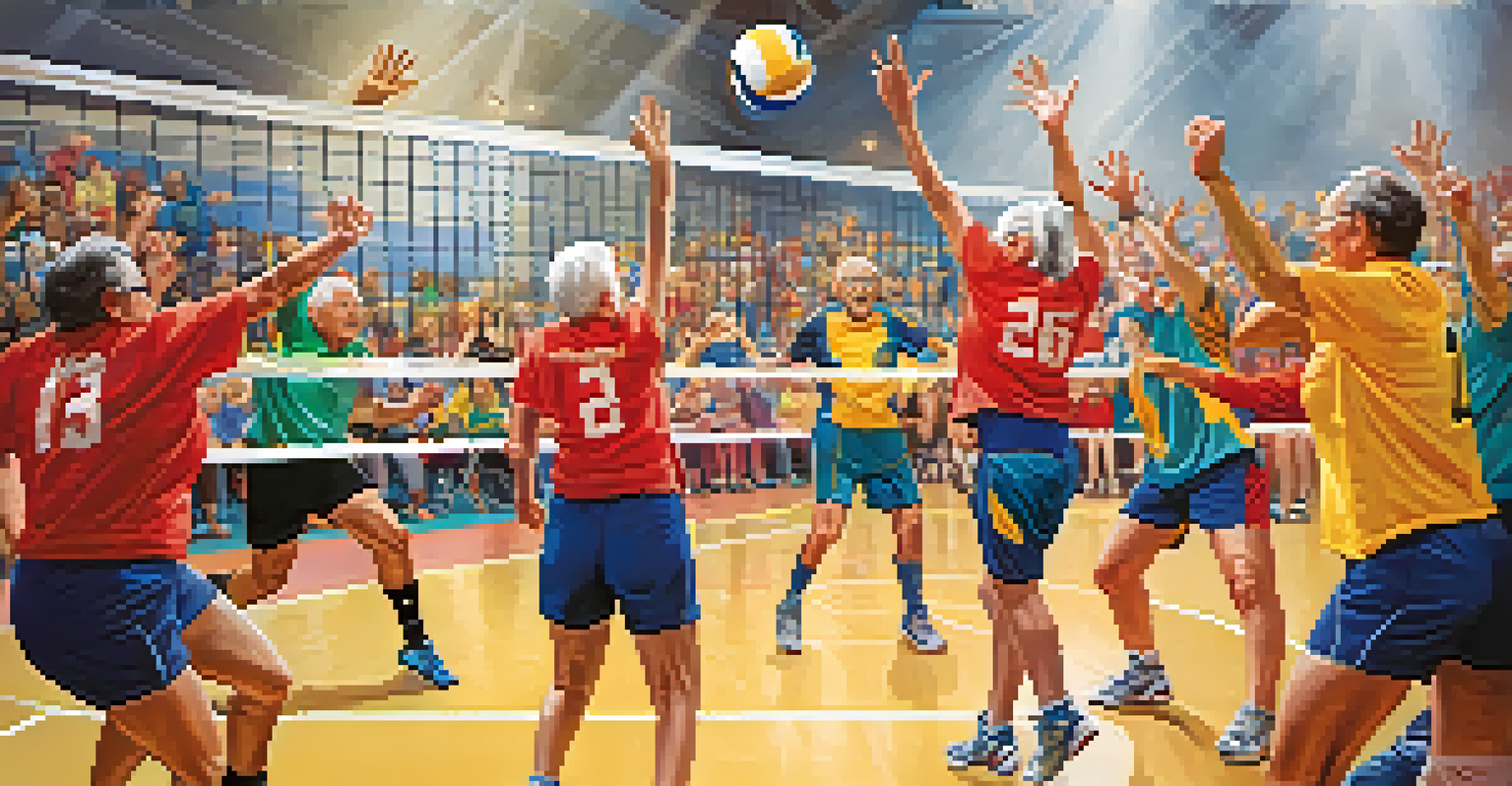 Seniors playing seated volleyball indoors with enthusiasm and teamwork, surrounded by colorful decorations.