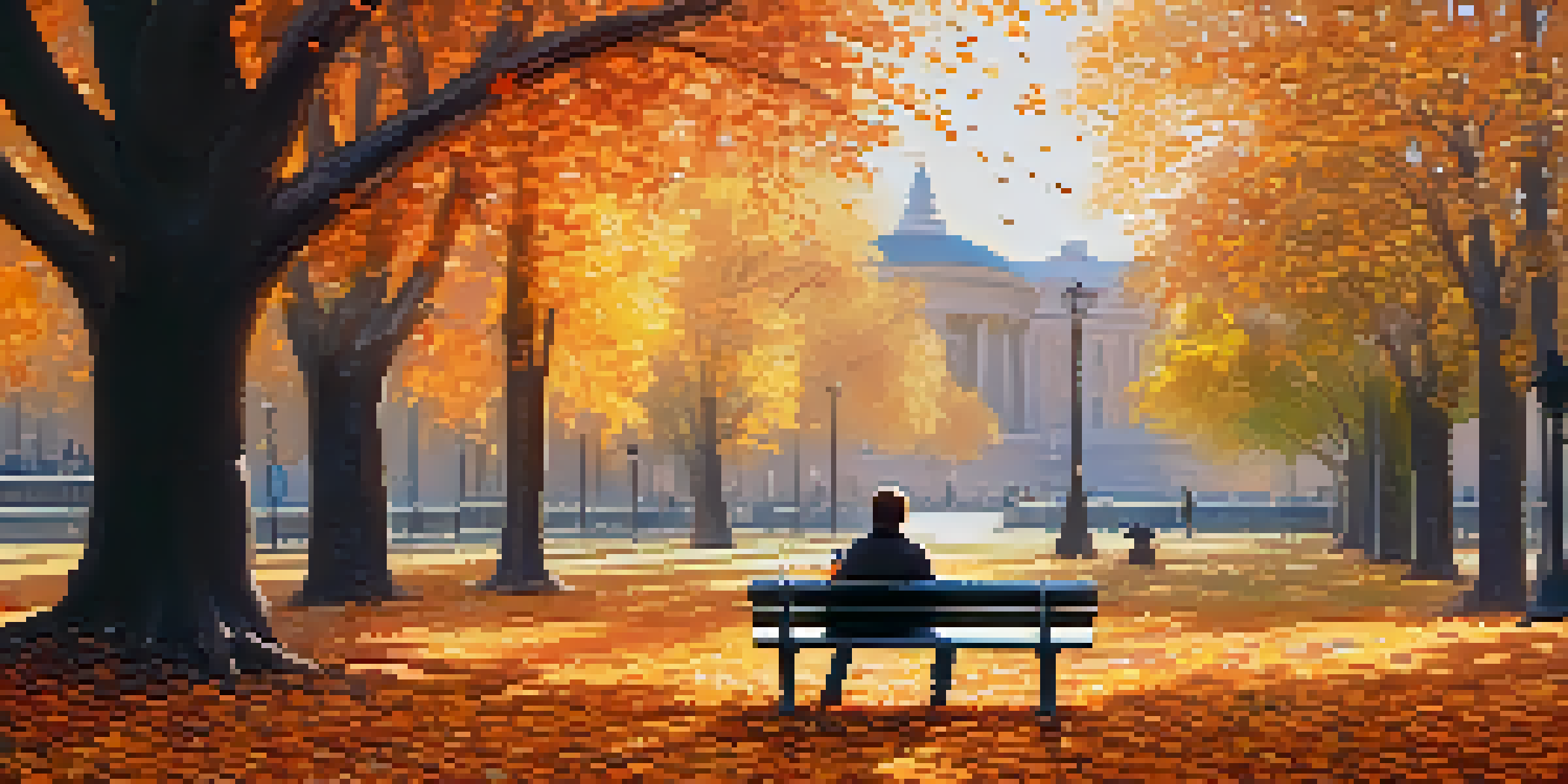 A person sitting on a bench in a park, reading a book surrounded by autumn leaves.