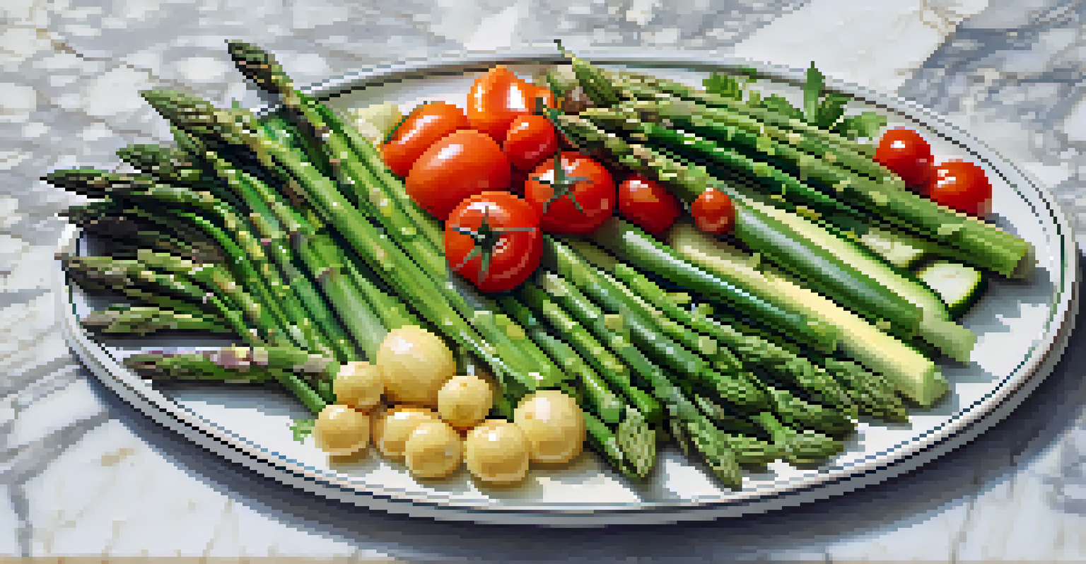 An elegant platter of assorted steamed vegetables like asparagus and zucchini, drizzled with olive oil and garnished with herbs, on a marble background.