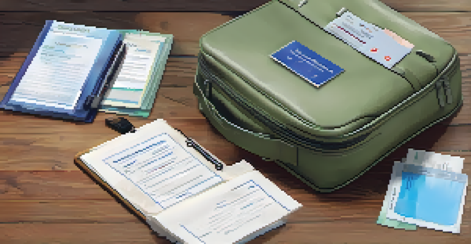 A travel kit with health documents, hand sanitizers, and a face mask on a wooden table.