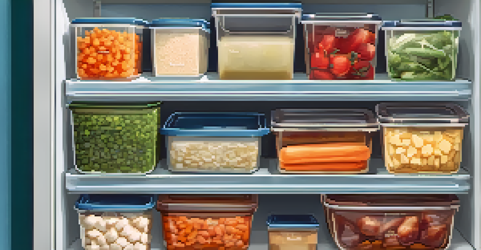 An organized freezer showcasing neatly labeled containers of prepared meals.