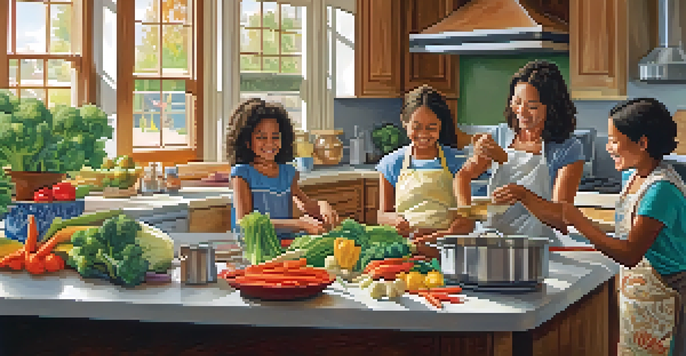 A family cooking together in a bright kitchen, preparing a colorful vegetable stir-fry with fresh ingredients.