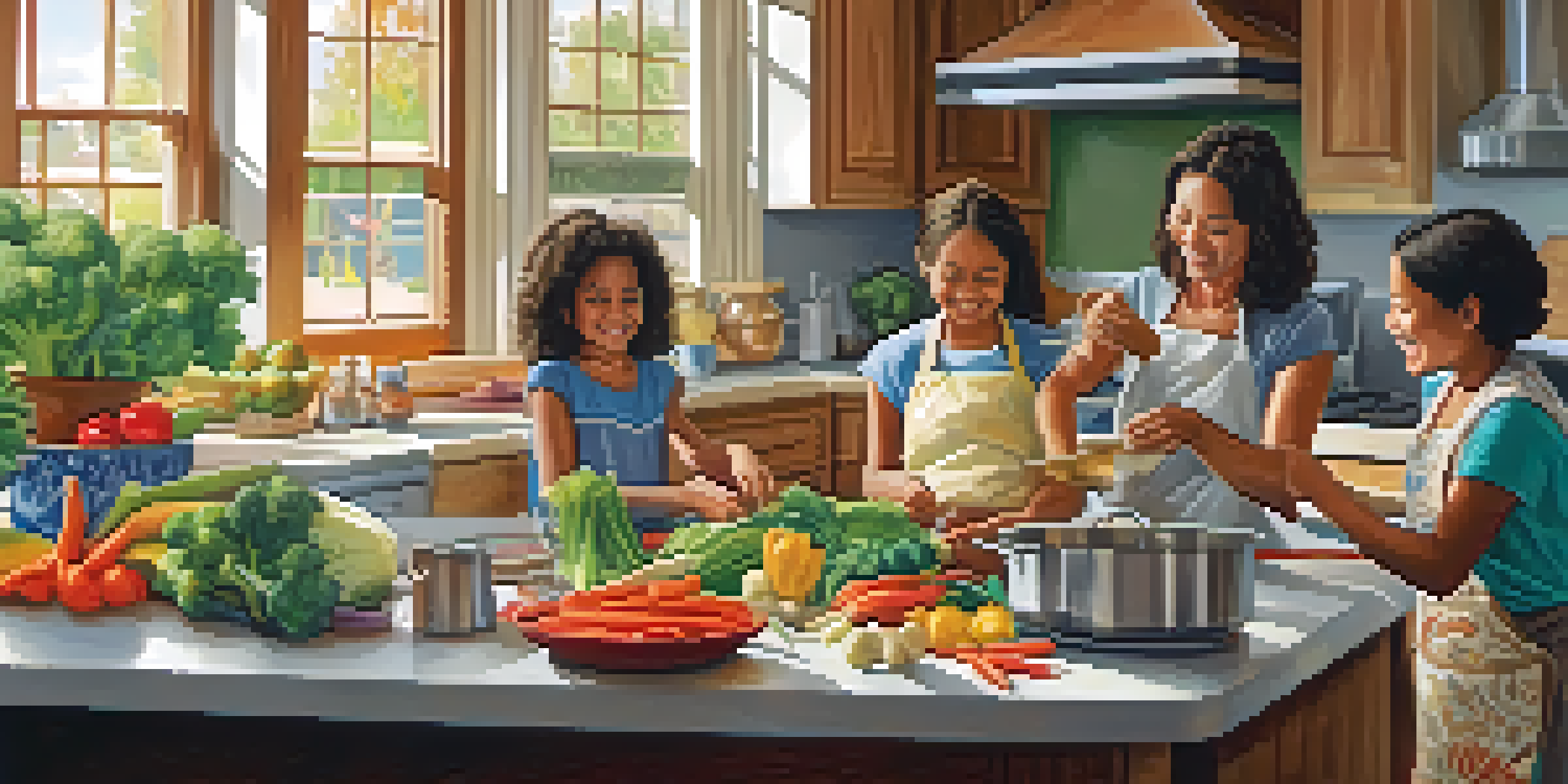 A family cooking together in a bright kitchen, preparing a colorful vegetable stir-fry with fresh ingredients.