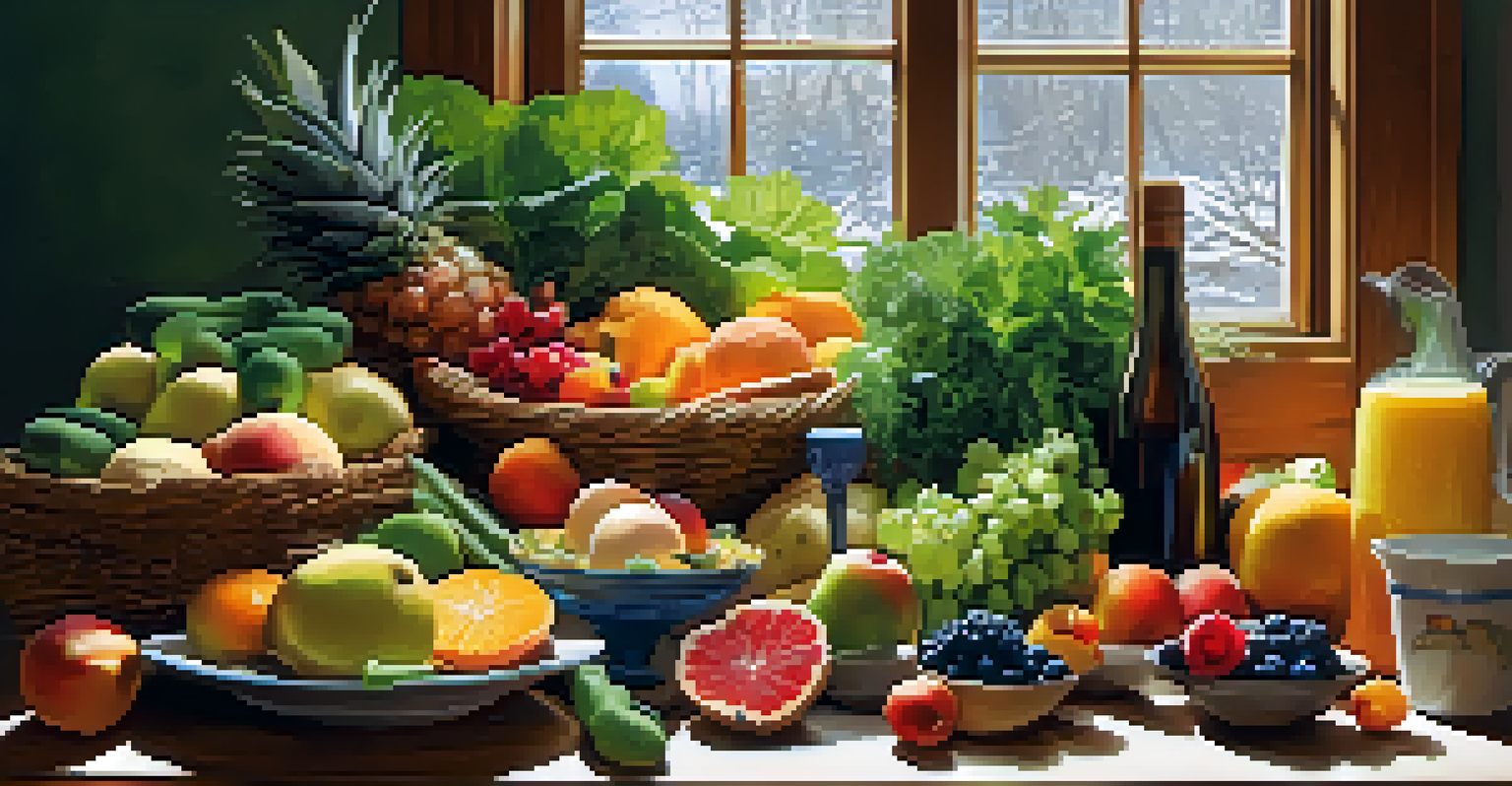 A colorful arrangement of nutritious foods on a kitchen table, showcasing fruits, vegetables, and whole grains, illuminated by natural light.