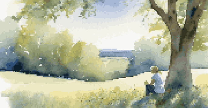 A person meditating on a grassy hill surrounded by flowers, with sunlight filtering through the trees.