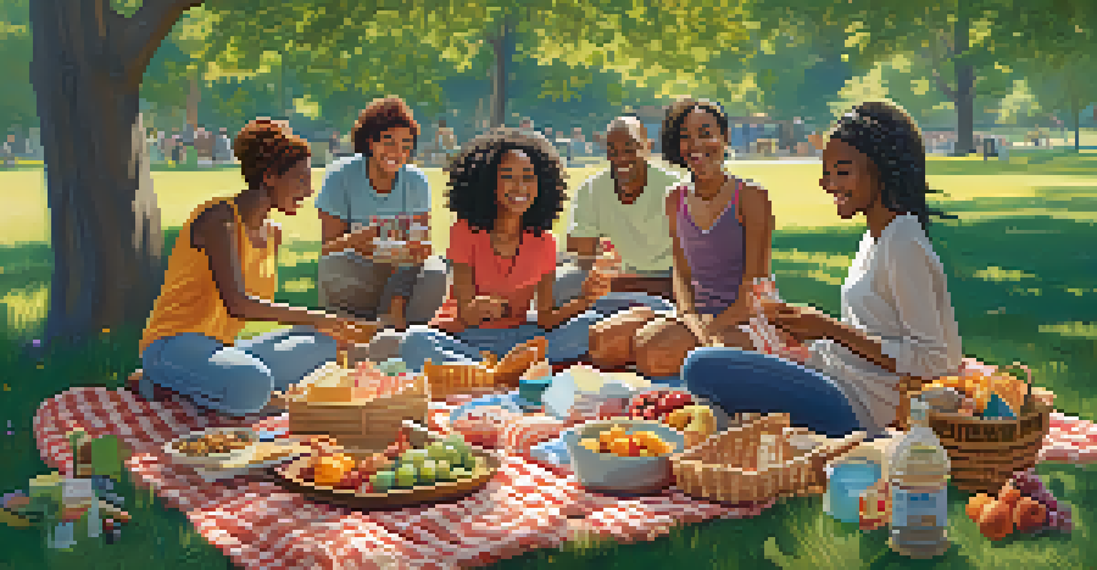 A group of friends having a picnic in a sunny park, enjoying food and each other's company, symbolizing social support.