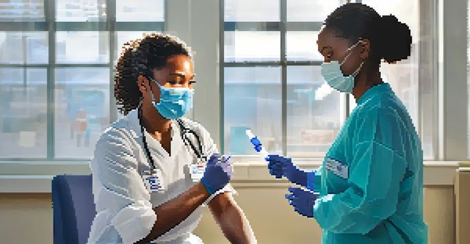 A healthcare worker giving a COVID-19 vaccine to a patient in a bright clinic with health posters in the background.