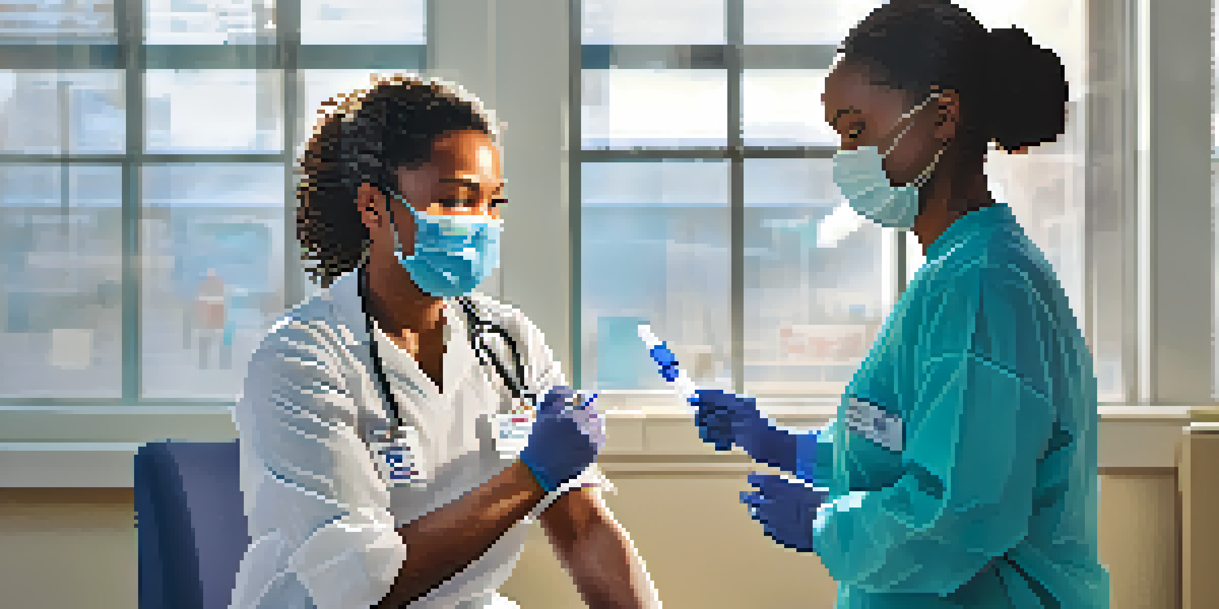 A healthcare worker giving a COVID-19 vaccine to a patient in a bright clinic with health posters in the background.