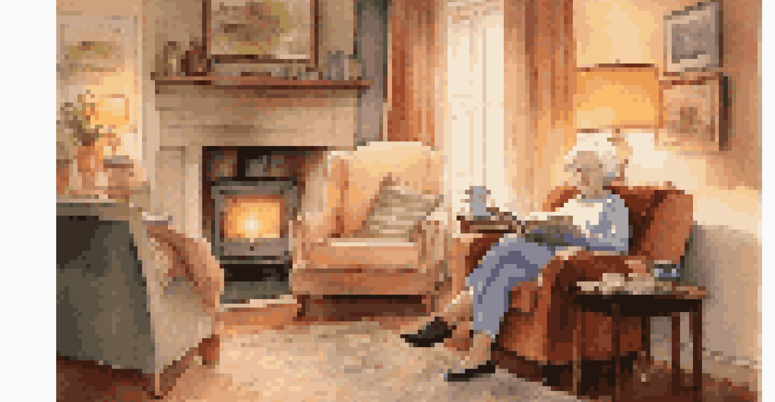 An older woman reading a book in a cozy living room, with a cup of tea on the side table and family photos on the walls.