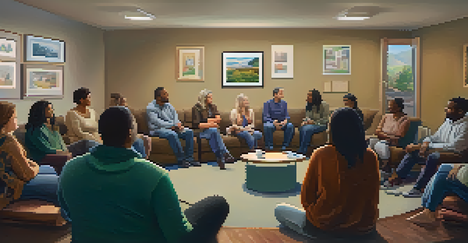 A peer support group meeting in a warmly lit room where individuals are sharing their experiences in a supportive atmosphere.
