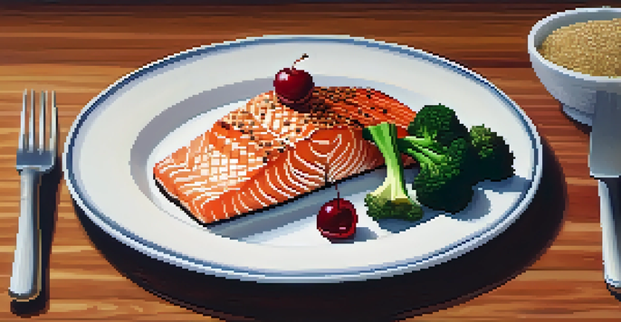 A dinner plate with grilled salmon, quinoa, steamed broccoli, cherries, and a banana, presented in warm lighting.
