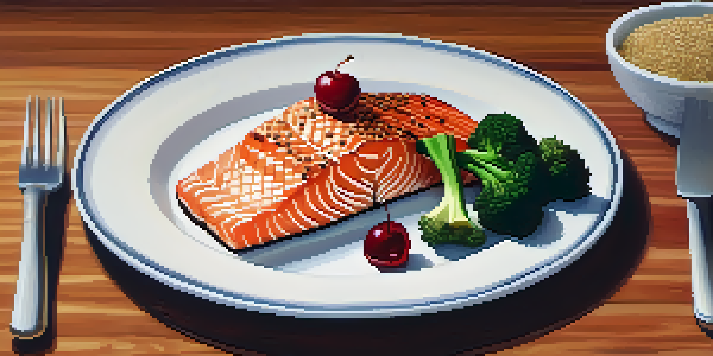 A dinner plate with grilled salmon, quinoa, steamed broccoli, cherries, and a banana, presented in warm lighting.