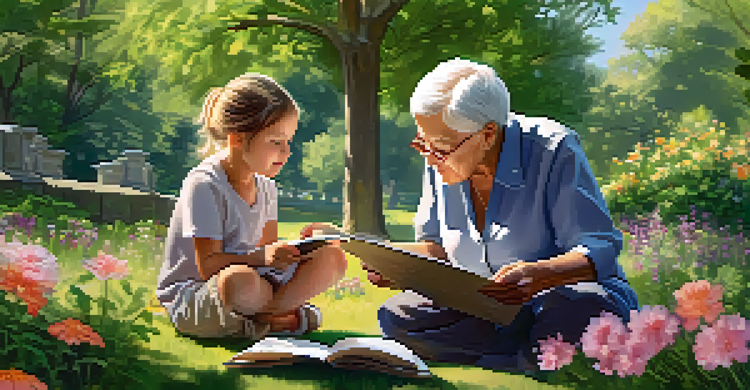 An elderly grandparent sharing health stories with a child in a sunny park, pointing to a family tree on a notepad.