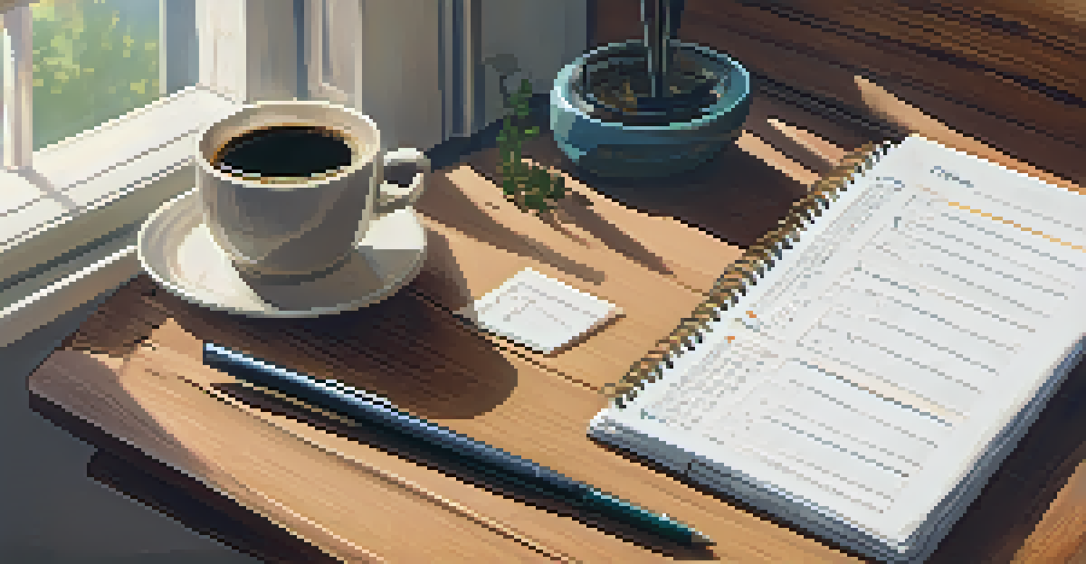 A close-up of a planner with written goals and a pen on a wooden desk, with morning light illuminating the scene.