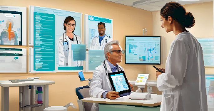 A doctor and a patient discussing health records on a digital tablet in a bright healthcare setting.
